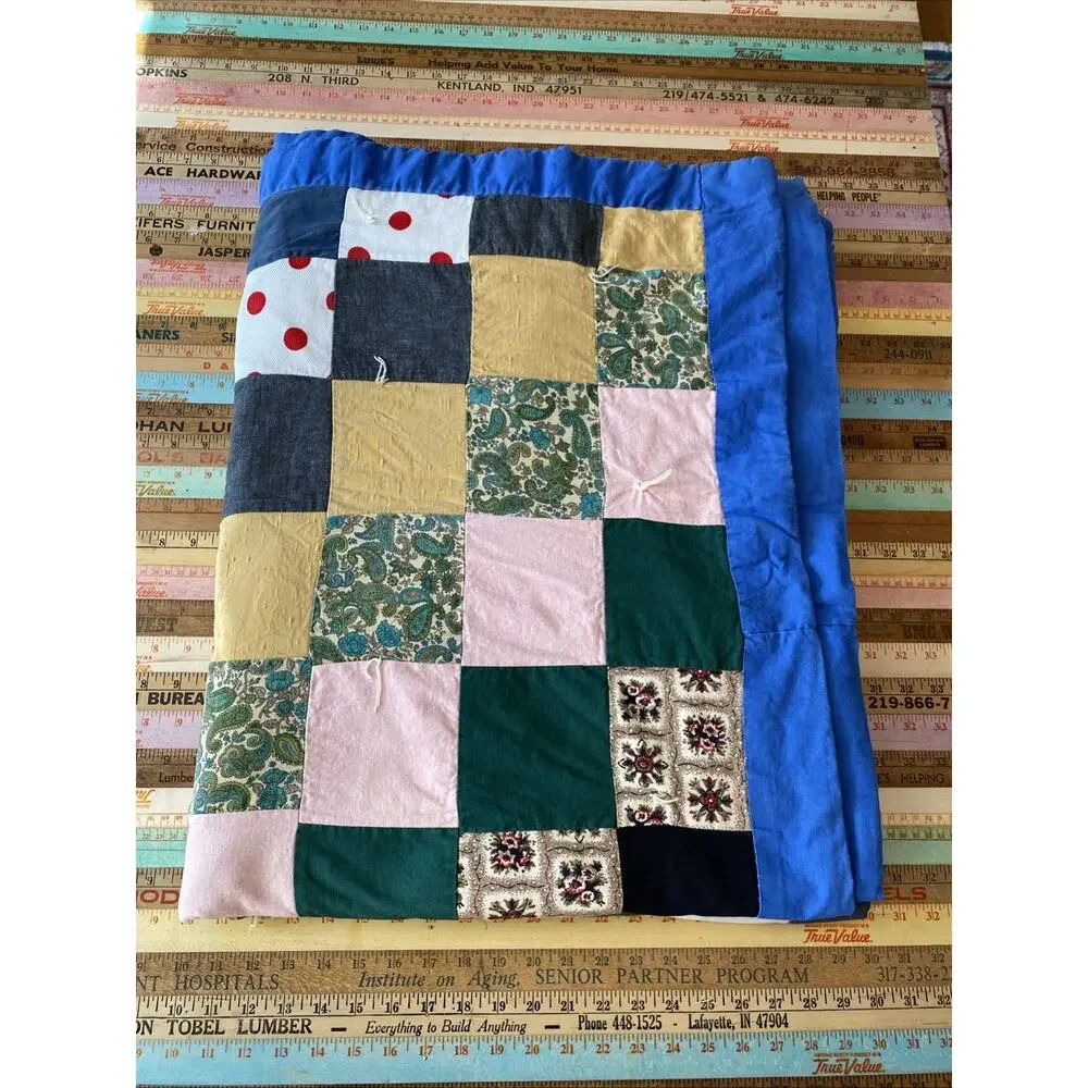 VINTAGE Handmade Patchwork Quilt Blanket Boho Hippie Cottage 70X 50 READ Flaw